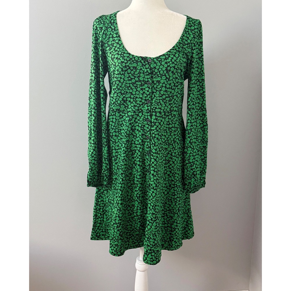 Boden Women's Button Front Long Sleeve Green Navy Floral Mini Dress US Size 8R